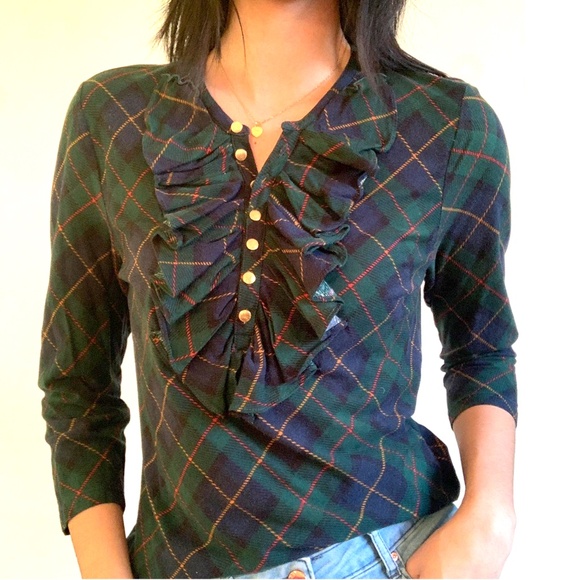 Ralph Lauren Green Tartan Ruffle Shirt Size Large NWT - Picture 2 of 9